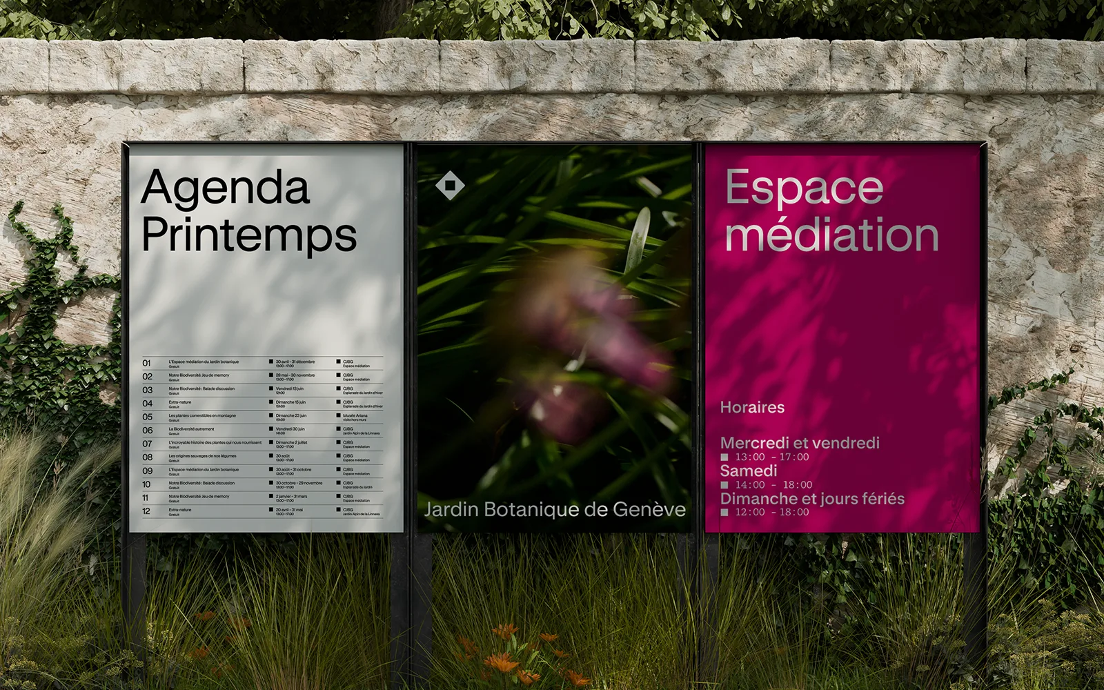 Affiches du Jardin botanique de Genève sur un mur